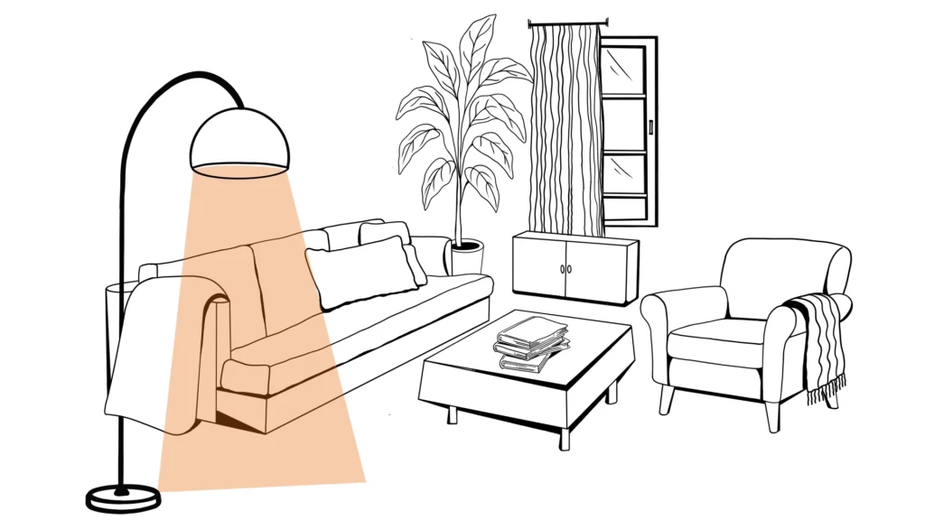 dibujo en linea simple de un despacho de psicologia con un sofa de dos plazas, unaplanta, un sofa individual para el terapeuta terapia en barcelona